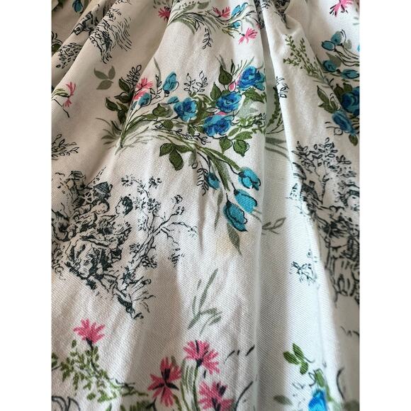 SIZE XS / S 1950s Toile Print Floral Cotton Dress - Summer, Vintage, White - Picture 6 of 9